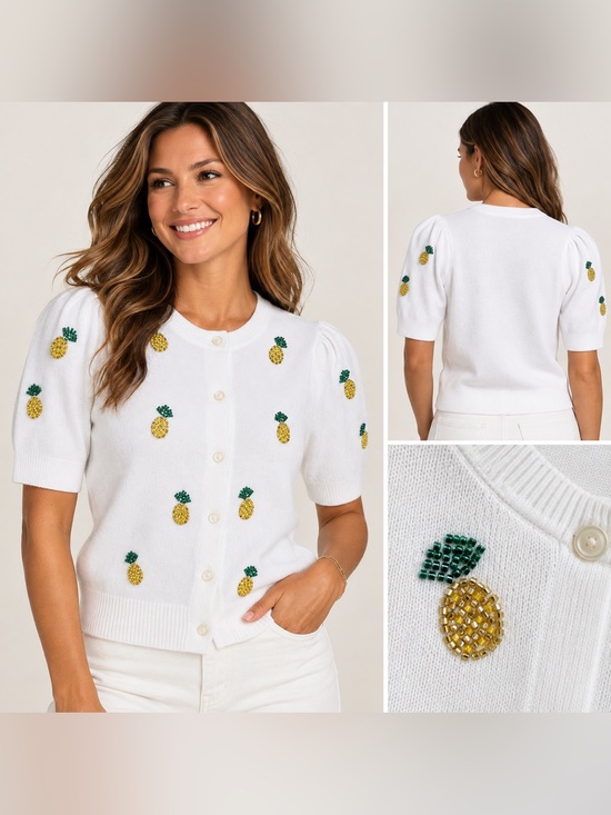 Free Assembly Sweaters - Free Assembly White Beaded Pineapple Short Sleeve Cardigan XS NWT
